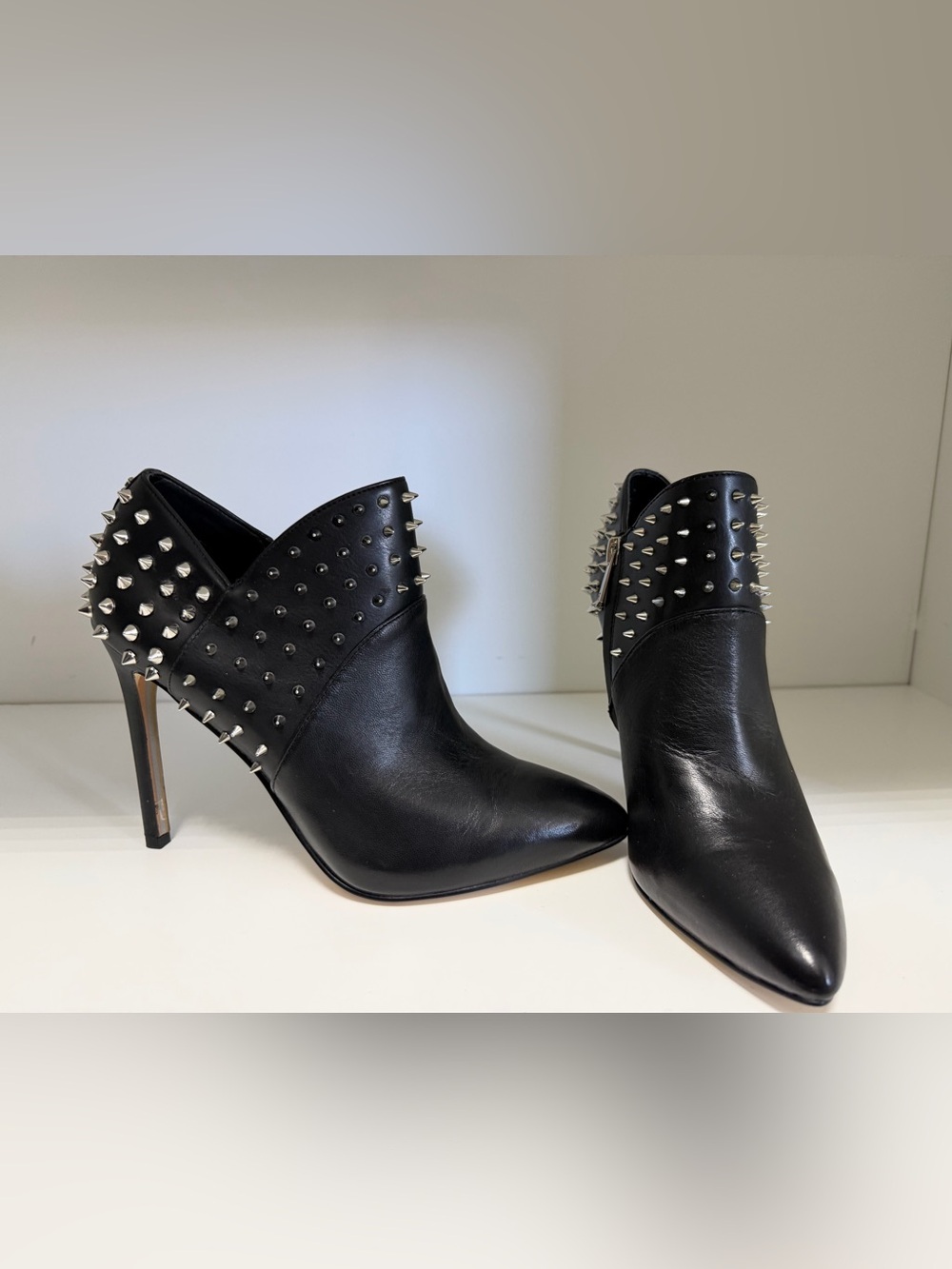 Sam Edelman Black Leather Pointed Spike-Trim Ankle Booties